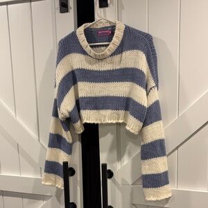 Edikted Striped Cropped Knit Sweater - Blue & Cream
